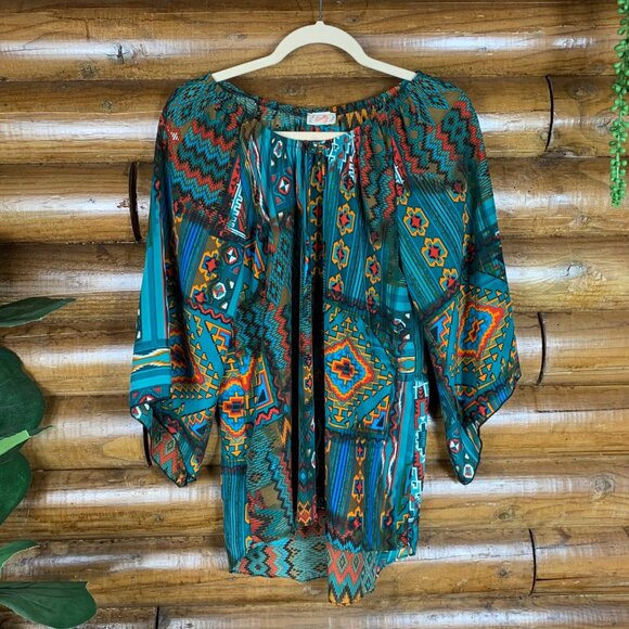 Scully Tops - Scully Women's S M Southwestern Print Bell Sleeve Peasant Top Blouse
